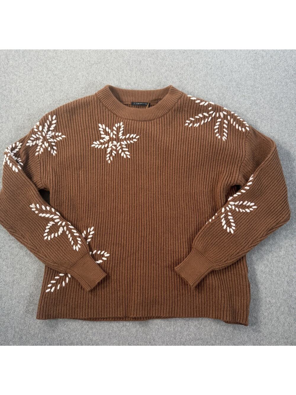 T Tahari Women's Medium Brown Rib Knit Crew Neck Sweater Embroidered Pullover